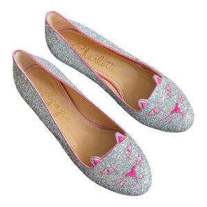 Charlotte Olympia Silver Glitter Kitty Flats